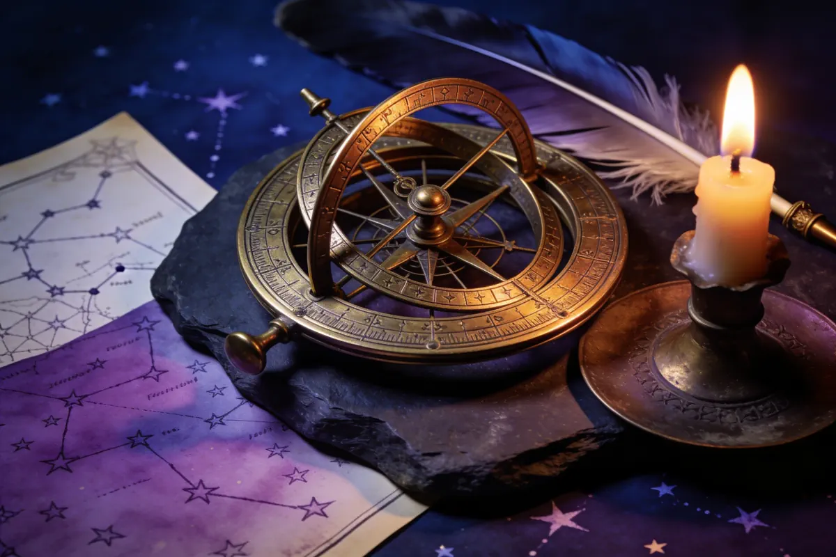 A brass astrolabe on dark stone
