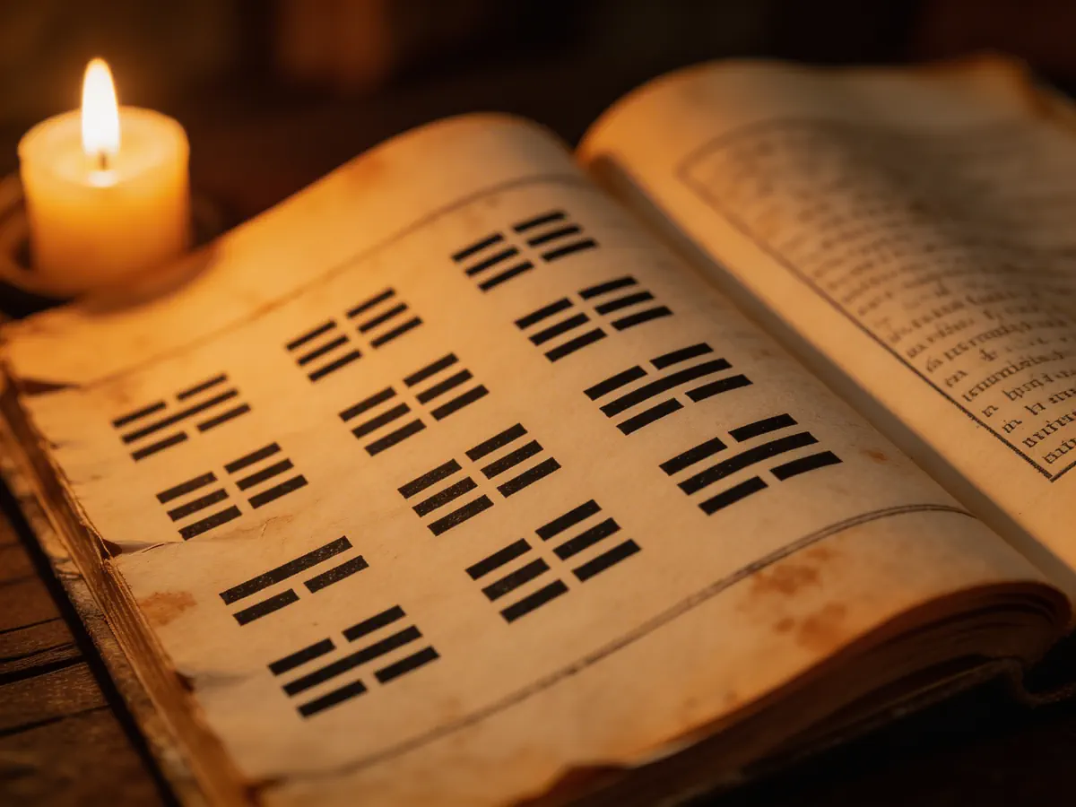 open antique I Ching manuscript, hexagram diagrams visible on aged yellowed paper, candleligh