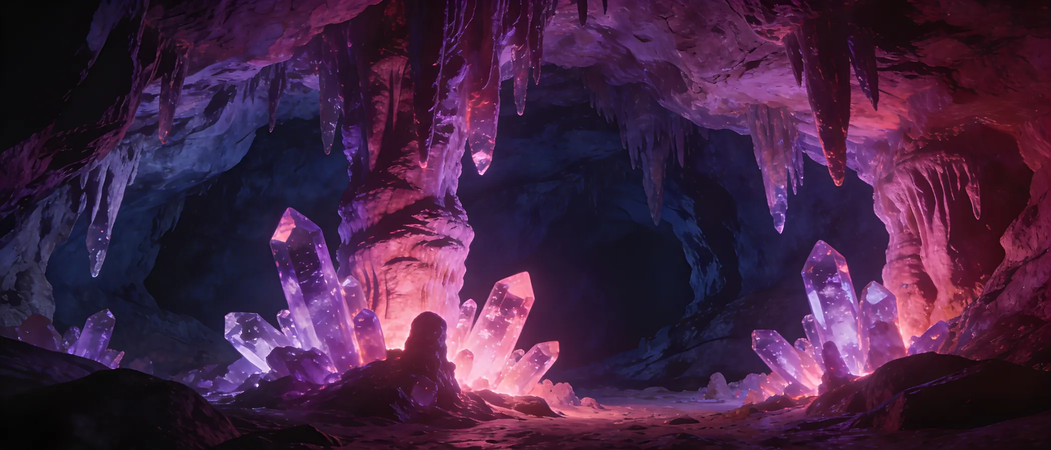 panoramic of a crystal cave interior, stalactites and crystal formations glowing in magenta and purple hues, deep navy shadows.