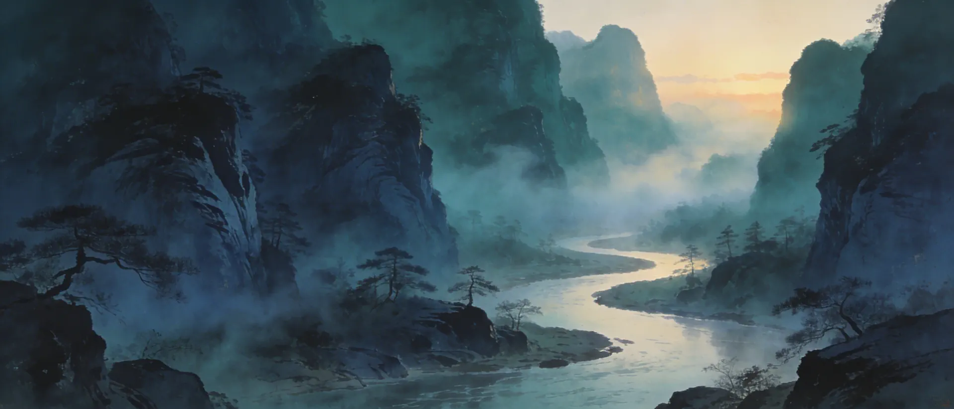 panoramic of a misty river gorge at dawn, ancient Chinese landscape painting style