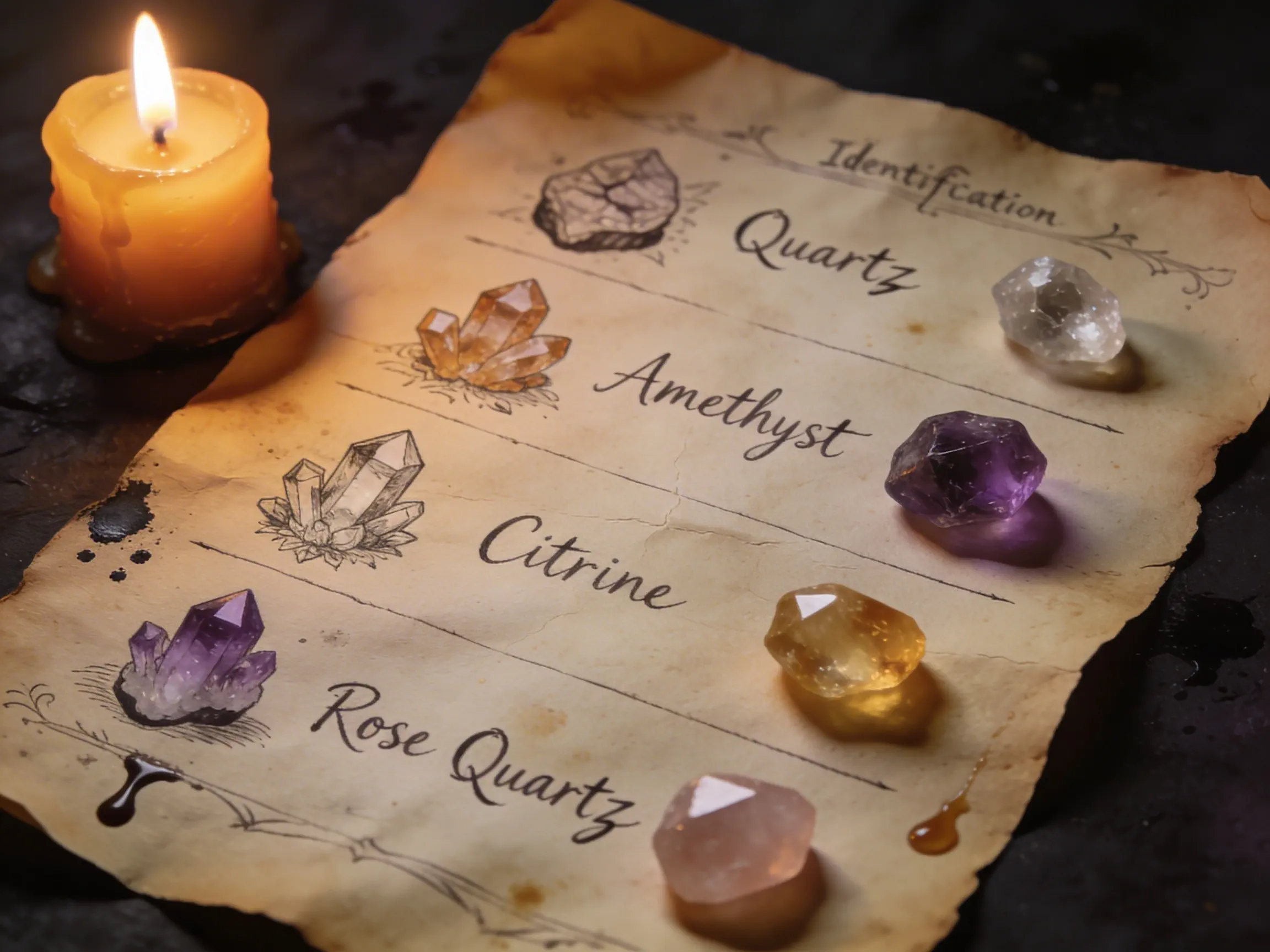  image of a hand-drawn crystal identification chart on aged parchment, candlelit, with small crystal specimens alongside, dark moody atmosphere