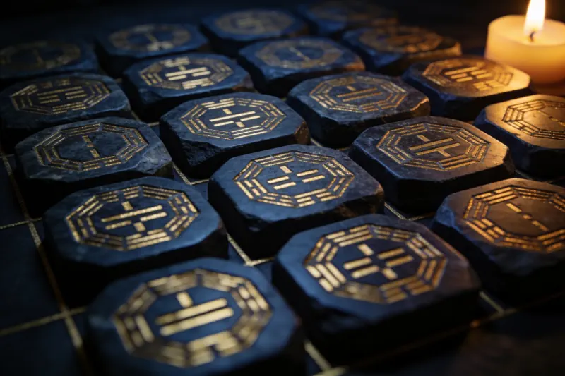 I Ching hexagram tiles carved from dark stone